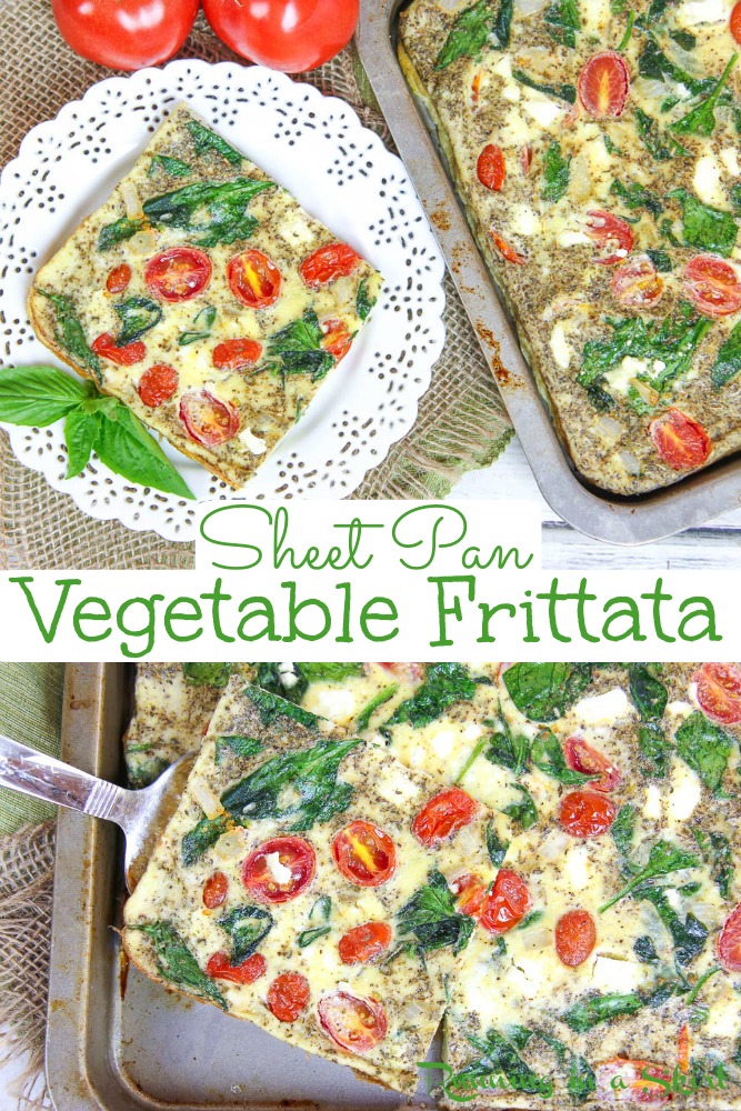 Vegetable Sheet Pan Frittata recipe- an easy & healthy vegetarian breakfast with eggs.  Looking for the best recipes baked with eggs? This is packed with veggies like spinach and tomato, easy to make and uses ricotta and feta.  Clean eating, low carb and gluten free. / Running in a Skirt #frittata #eggs #vegetarian #recipe #healthy via @juliewunder