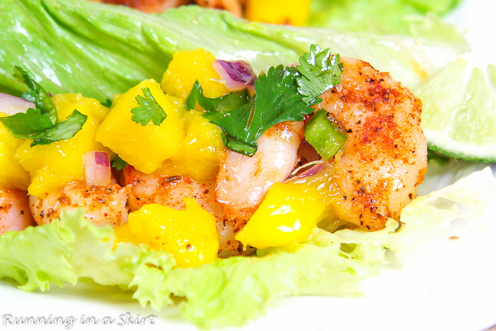 Close shot of shrimp and mango salsa.