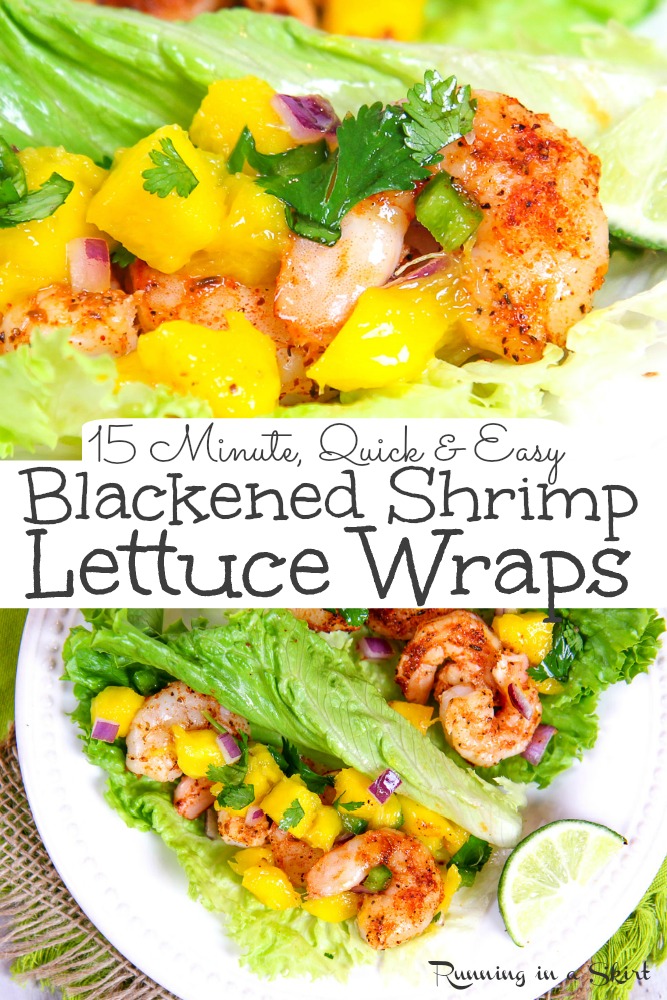 Blackened Shrimp Lettuce Taco recipe w/ Mango Salsa - healthy, low carb, gluten free and low calorie blackened shrimp lettuce wrap.  This is perfect for healthy shrimp dinners and pescatarian dinners that are quick and easy.  Made in 15 minutes! / Running in a Skirt #shrimp #lowcalorie #lowcarb #glutenfree #healthy #pescatarian via @juliewunder