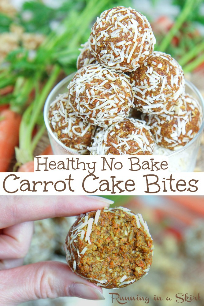 Healthy No Bake Carrot Cake Bites recipe - raw vegan and super easy to make.  Tastes like carrot cake desserts but in a clean eating package. Topped with coconut. / Running in a Skirt #cleaneating #vegan #dairyfree #vegetarian #healthy #dessert #carrotcake #raw via @juliewunder