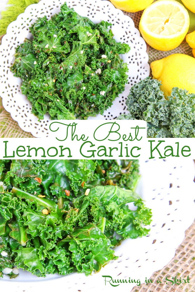 Sauteed Lemon Garlic Kale recipe- only 4 Ingredients! The best healthy recipes with kale and includes how to cook kale instructions. Easy, simple and super tasty. Vegan, vegetarian, dairy free, clean eating, whole 30, low carb / Running in a Skirt #vegan #vegetarian #healthy #whole30 #lowcarb via @juliewunder
