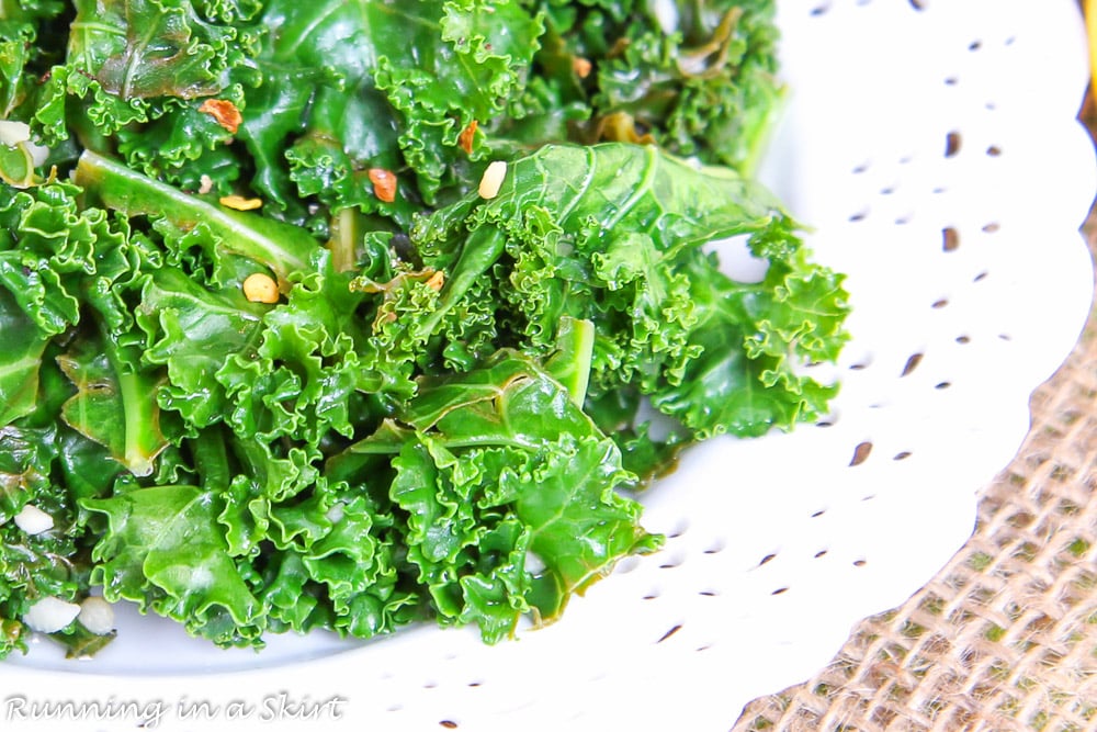 close up of lemon kale cooked with olive oil and garlic.