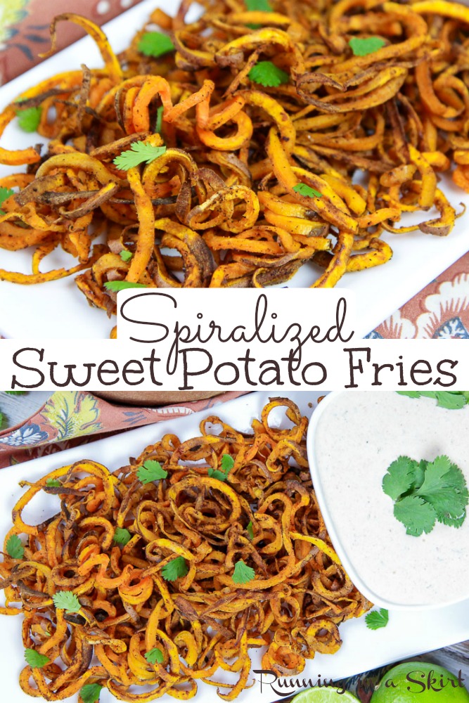 Healthy Baked Spiralized Sweet Potato Fries recipe - these crispy, easy and homemade fries are simple and delicious! Includes a Greek Yogurt Chipotle Lime Ranch Sauce / dip. Gluten free. The fries without the sauce are vegan, paleo and Whole 30. / Running in a Skirt via @juliewunder