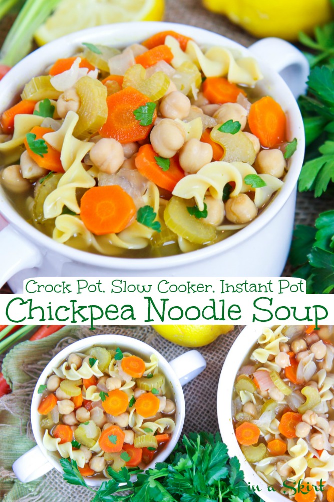 Crockpot Chickpea Noodle Soup recipe. A healthy soup that's made in the slow cooker or instant pot. This vegan / vegetarian soup is the best easy vegan chicken noodle soup but without the chicken! / Running in a Skirt #vegan #crockpot #slowcooker #instantpot #vegetarian #healthy via @juliewunder