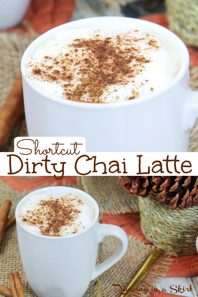 Homemade Dirty Chai Latte recipe - shortcut version! Includes how to make DIY instructions using Tazo tea and espresso. Dairy free option with almond milk or regular milk. Iced OR Hot! The perfect spices for these drinks. Gluten free & vegan / Running in a Skirt #WarmuptoTazo #FallforTazoFlavor #ad #recipe #healthy #chaitea #chai #coffee #drinks #chailatte #tea via @juliewunder