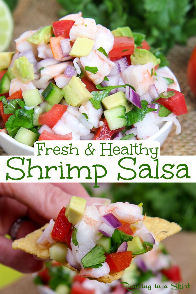 Healthy & Fresh Shrimp Salsa recipe - with avocado to make the best easy dip. Mexican inspired with lime - similar to cold ceviche but uses already cooked shrimp. So simple and tasty! Pescatarian, low carb and gluten free. / Running in a Skirt #healthy #pescatarian #recipe #shrimp #ceviche #salsa via @juliewunder