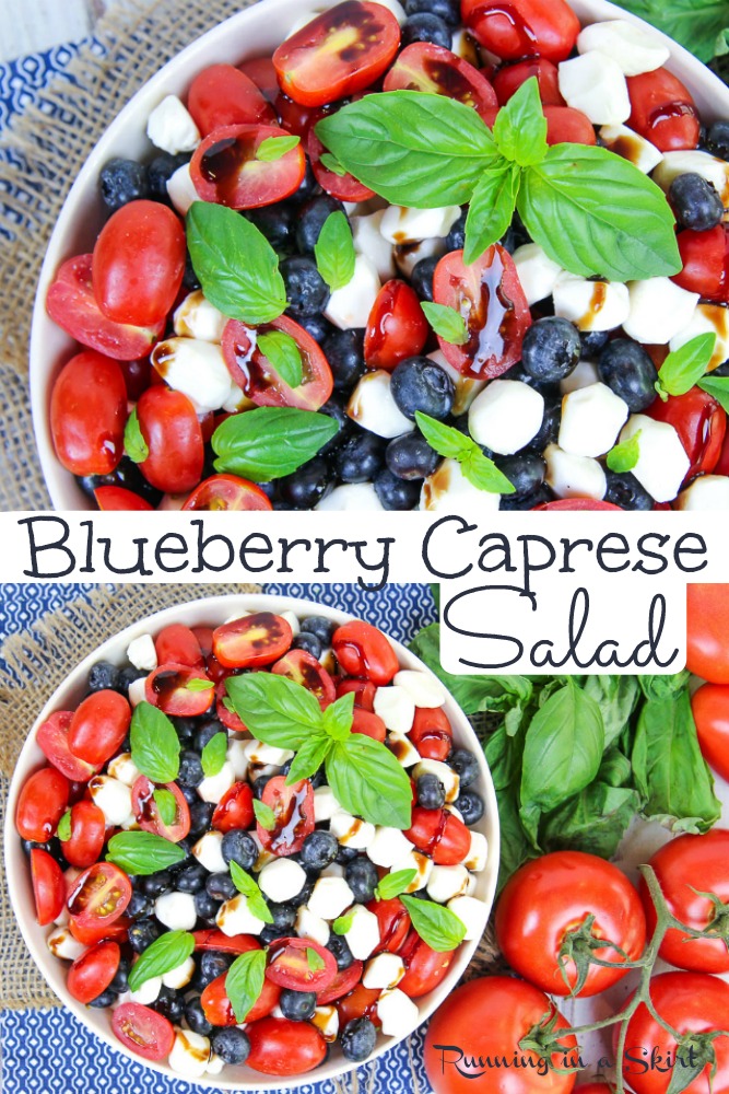 Blueberry Caprese Salad recipe - easy & healthy. Perfect red, white and blue food for summer parties including 4th of July, Memorial Day and Labor Day. The best with tomato, fresh mozzarella, basil and a with balsamic glaze. Simple for dinner! / Running in a Skirt #vegetarian #salad #healthy #recipe #caprese #blueberry via @juliewunder