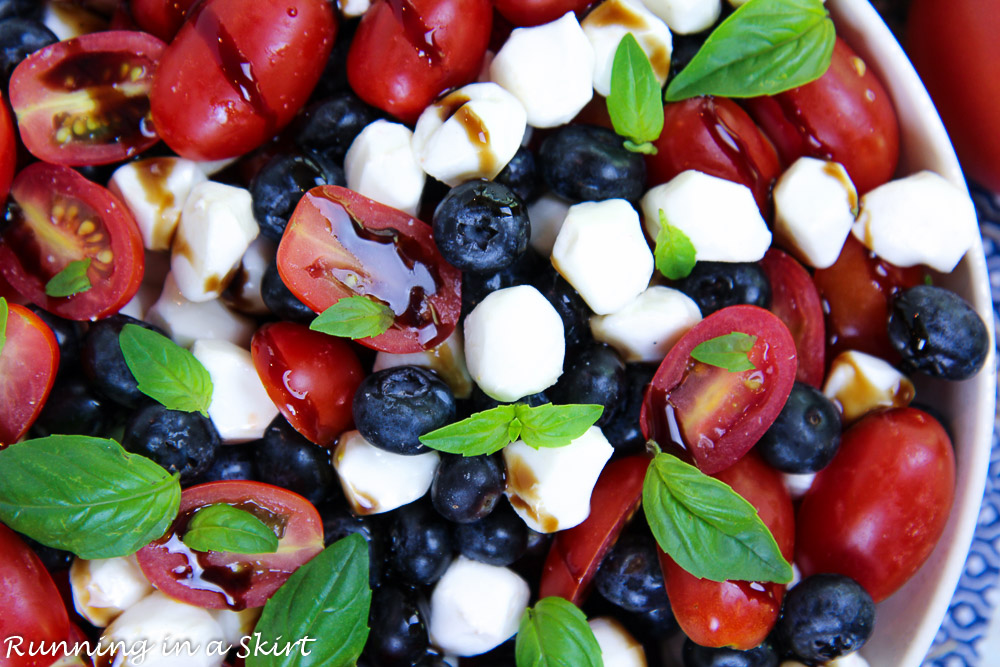 Tomato, fresh mozzarella, blueberry, basil and balsamic glaze.