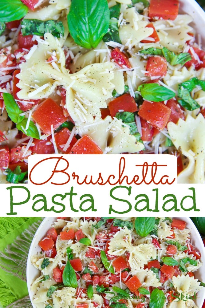 Bruschetta Pasta Salad recipe - This cold and healthy summer pasta salad is packed with tomato, basil, parmesan, and Italian flavors. It's the perfect Vegetarian Pasta Salad. / Running in a Skirt #healthy #recipe #vegetarian #bruschetta #pastasalad via @juliewunder