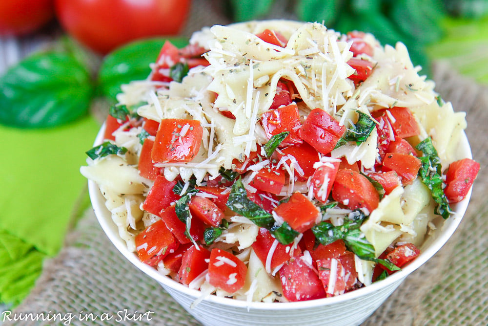 Bruschetta Pasta Salad recipe in a white bowl.