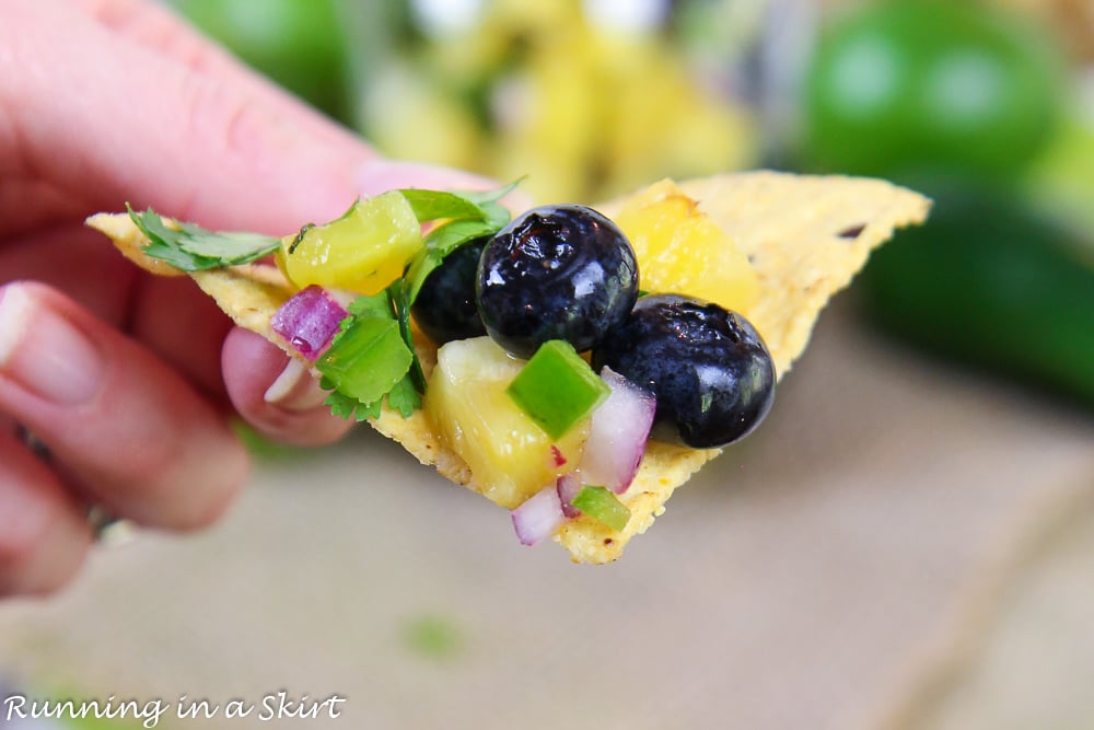 Chip with blueberries and pineapple.