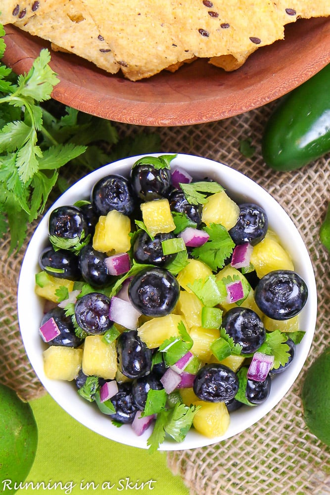 Overhead shot of Easy Blueberry Salsa recipe with pineapple.