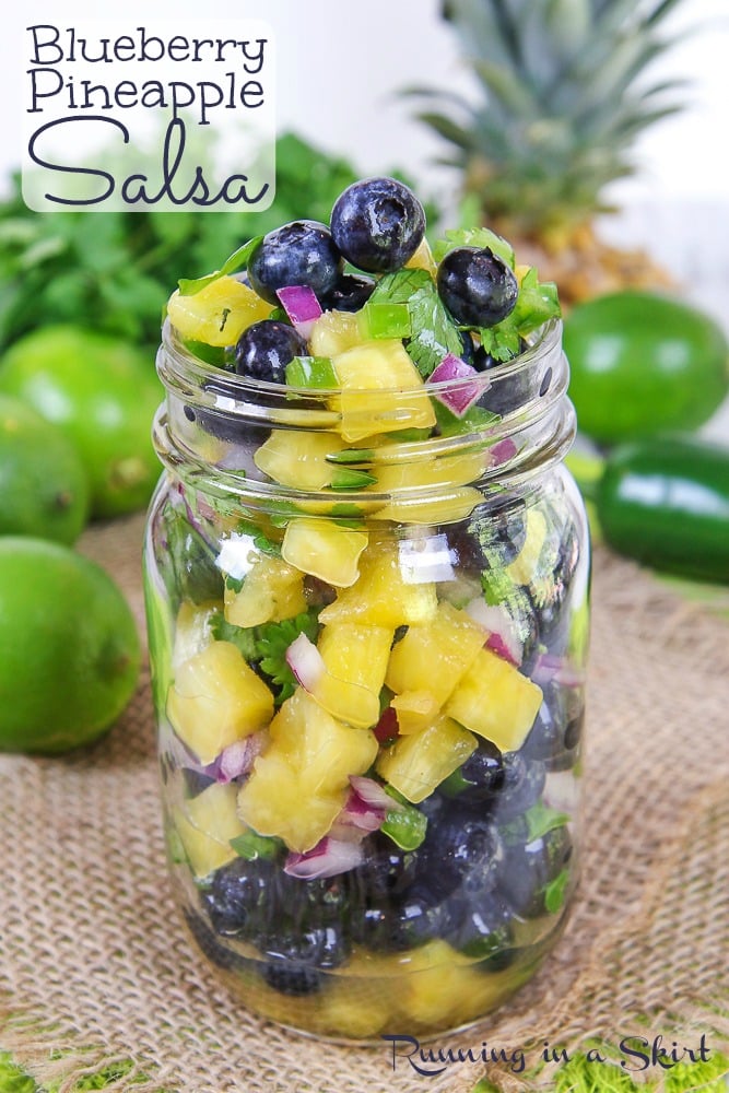 Easy Blueberry Salsa recipe with salsa in a glass mason jar.