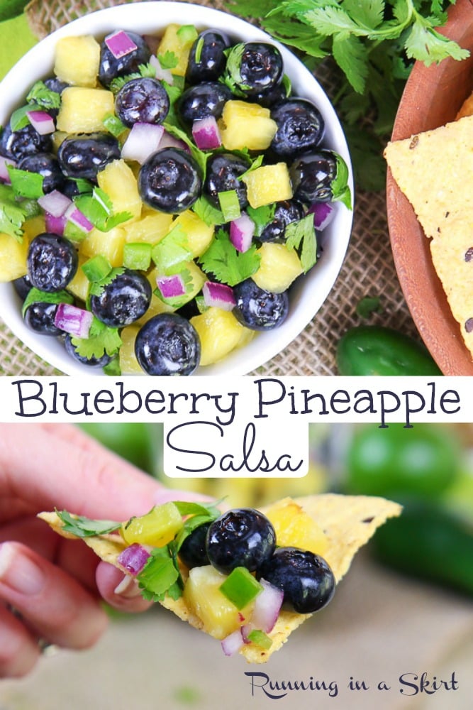 Blueberry Salsa recipe - The Best Fruit Salsa Dip with pineapple! Fresh, homemade, easy and refreshing with cilantro, lime and optional spicy jalapeno. The perfect healthy summer recipe topping for fish, seafood, shrimp or salmon. / Running in a Skirt #recipe #salsa #fruitsalsa #blueberry #pineapple via @juliewunder