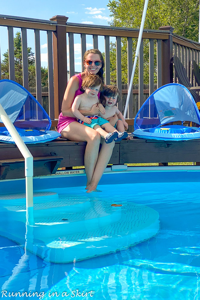 Toddler Swim Safety ideas with Mom holding twins.
