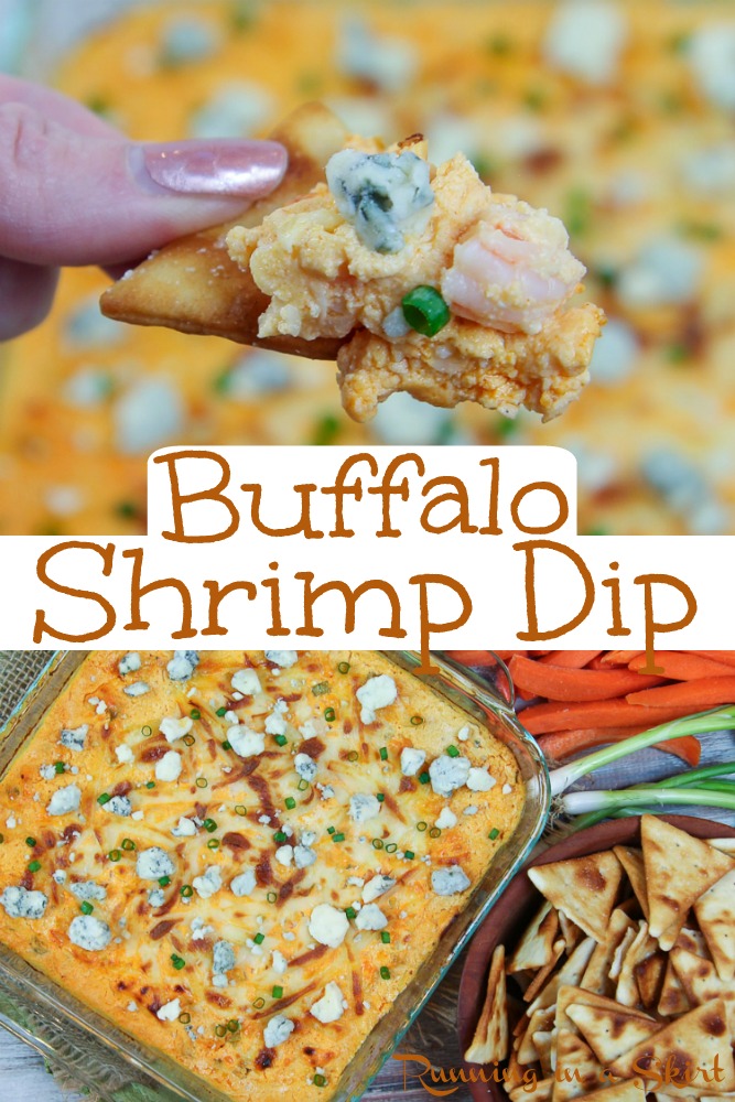 Healthy Buffalo Shrimp Dip - Easy and cheesy but also Skinny Shrimp Dip baked to hot and spicy perfection with blue cheese, cream cheese and greek yogurt not sour cream. This is THE BEST Buffalo Shrimp Dip. / Running in a Skirt #pescatarian #shrimp #dip #buffalo #healthy via @juliewunder