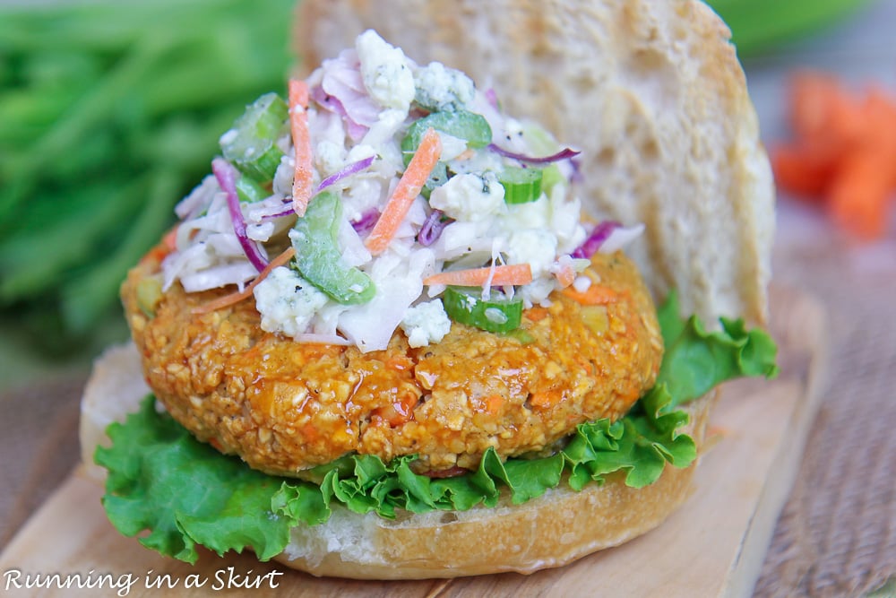 Chickpea Burger with bun, lettuce and coleslaw.