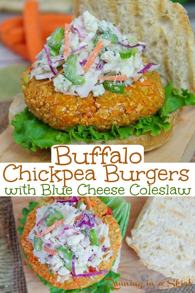The Best Buffalo Chickpea Burger recipe with Blue Cheese Cole Slaw - Easy, healthy and simple homemade veggie patties. These spicy veggie burgers are perfect for a bbq. Cooked stovetop or grilled. Vegan option included in recipe. / Running in a Skirt #healthy #veggieburger #4thofjuly #buffalo #vegan #vegetarian via @juliewunder