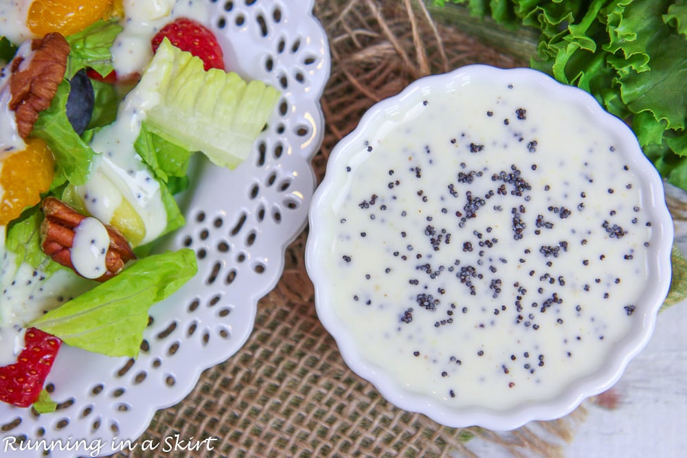 Greek Yogurt Poppyseed Dressing in a small serving dish.