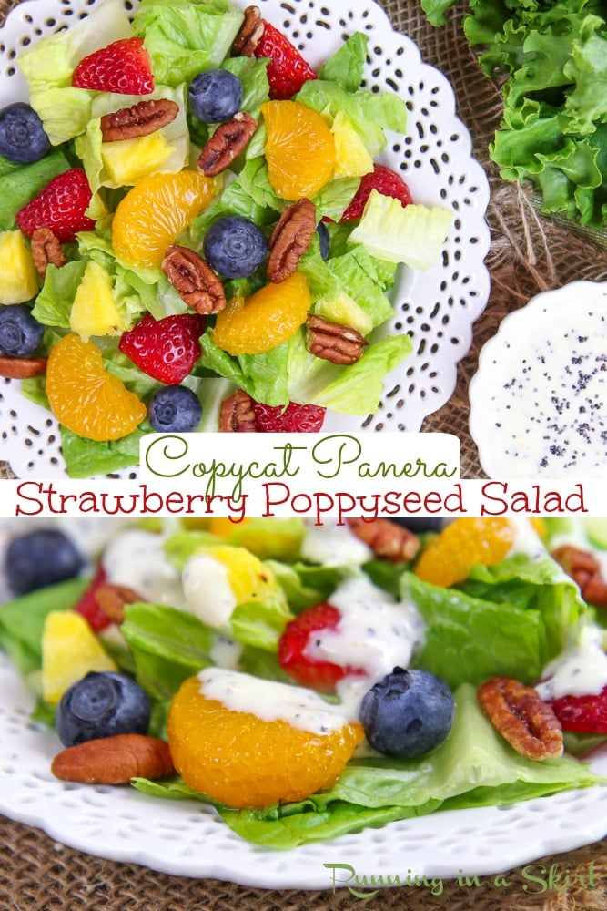 Copycat Panera Strawberry Poppyseed Salad recipe- Includes a Healthy Greek Yogurt Poppyseed Salad Dressing like Panera Bread that is sweetened with honey instead of sugar. A healthy dinner or lunch salad with chicken or without chicken for a vegetarian option. / Running in a Skirt #Panera #copycat #healthy #salad #vegetarian #strawberry via @juliewunder