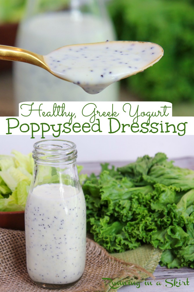 Healthy Greek Yogurt Poppyseed Dressing recipe - DIY Copycat Panera recipe. Only FIVE Ingredient. This homemade creamy salad dressing is perfect with a strawberry salad. Sugar free and sweetened with honey and not white sugar. / Running in a Skirt #saladdressing #recipe #healthy #poppyseed #panera #greekyogurt via @juliewunder