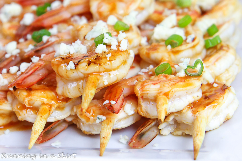 wooden skewers with shrimp.
