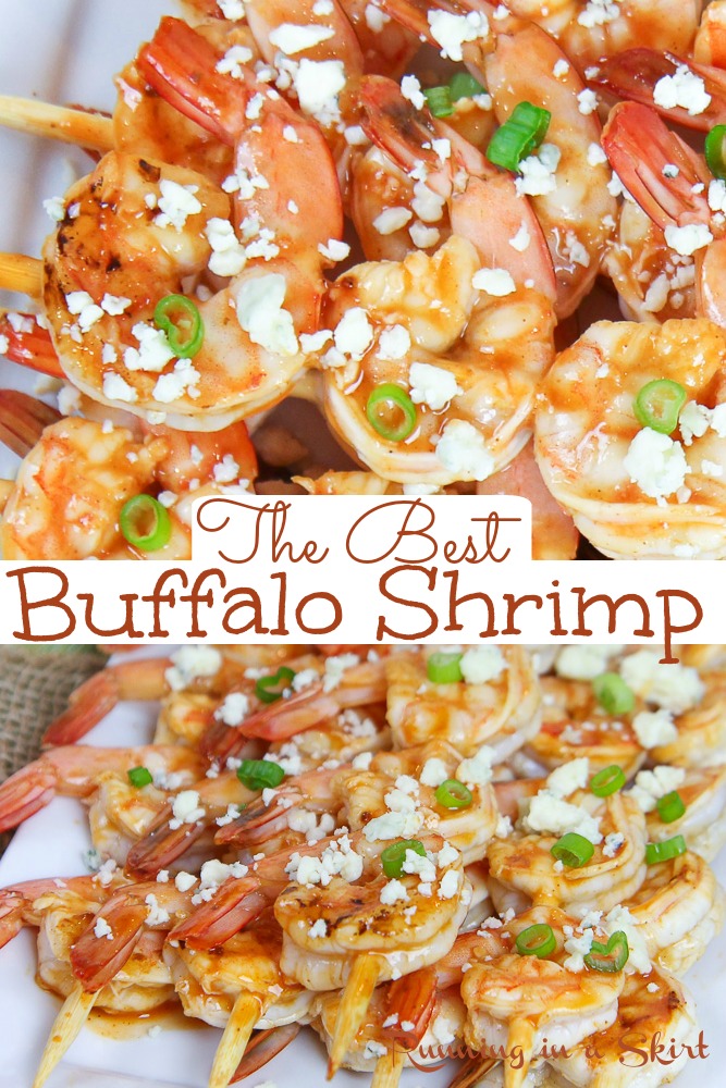 The Best Buffalo Shrimp recipe - healthy Buffalo Shrimp Skewers with blue cheese dip. Only 4 Ingredients! Includes how to make directions for Grilled Buffalo Shrimp or baked. Pescatarian, low carb and gluten free. / Running in a Skirt #lowcarb #glutenfree #pescatarian #healthy #recipe #buffalo via @juliewunder