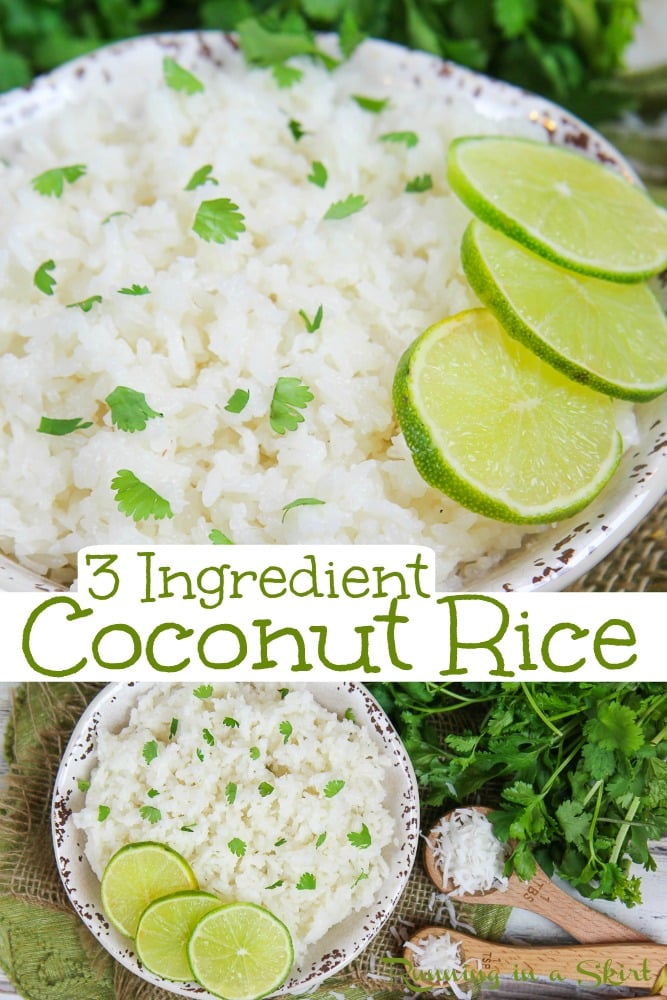 Creamy Coconut Rice recipe - 3 Ingredients! This easy Thai Coconut Rice can be made in the rice cooker or on the stovetop and is perfect for dinner. If you are wondering how to make this sweet dish... start here! Finished with cilantro lime. Vegetarian & Vegan/ Running in a Skirt #ricecooker #coconutrice #thai #vegetarian via @juliewunder