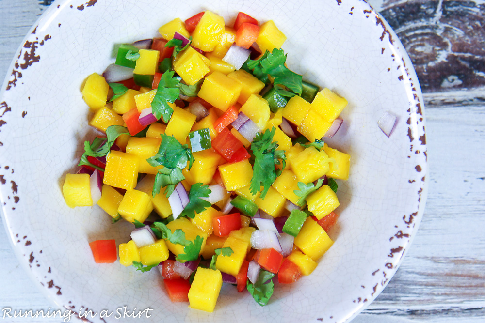 Chopped fruit for the mango salsa.