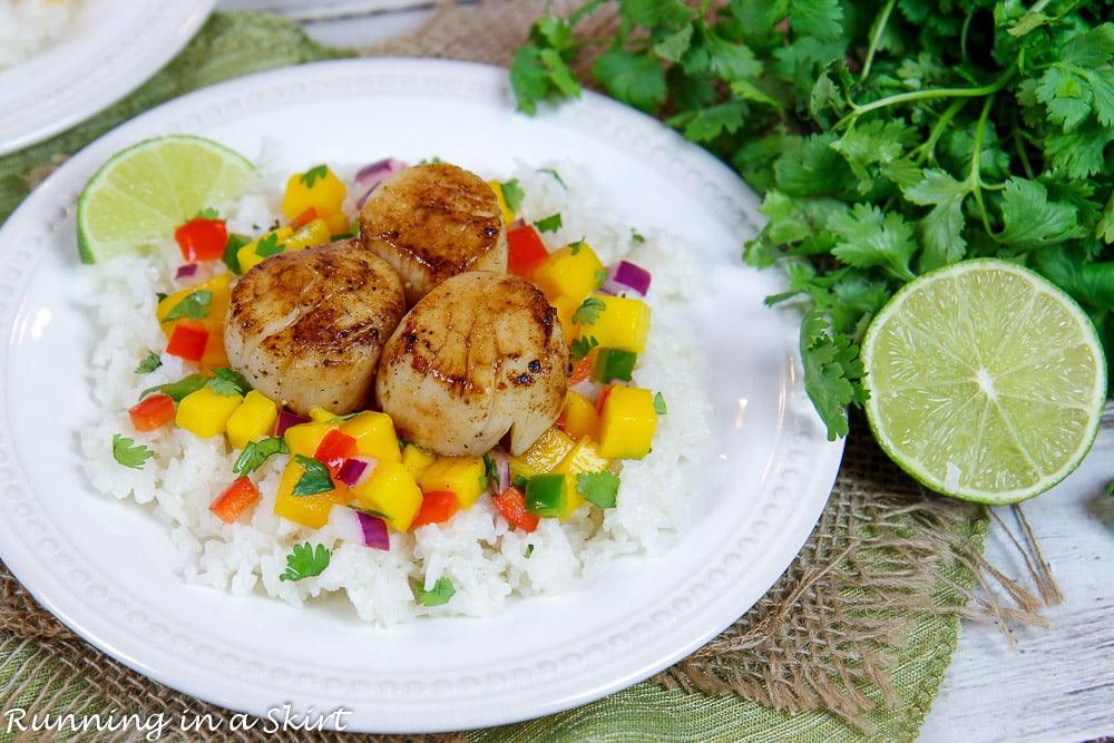 Pan Seared Scallops recipe on a plate with mango salsa.