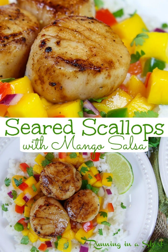 Pan Seared Scallops with Mango Salsa recipe - made in cast iron this recipe including how to instructions for the perfect scallop. This healthy dinner is easy, simple and can be ready in less than 30 minutes. Pescatarian, Gluten Free / Running in a Skirt #pescatarian #healthy #dinner #recipe via @juliewunder