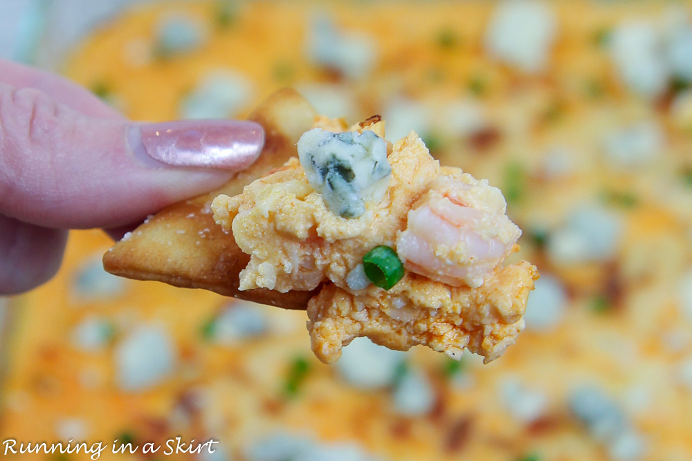 Buffalo Shrimp Dip recipe on a cracker.