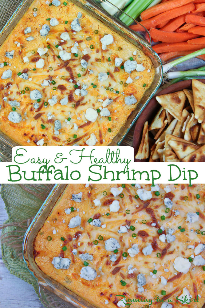 Healthy Buffalo Shrimp Dip - Easy and cheesy but also Skinny Shrimp Dip baked to hot and spicy perfection with blue cheese, cream cheese and greek yogurt not sour cream. This is THE BEST Buffalo Shrimp Dip. / Running in a Skirt #pescatarian #shrimp #dip #buffalo #healthy via @juliewunder