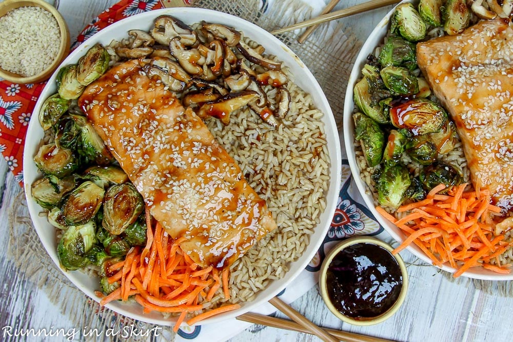Salmon, brussels sprouts, mushroom, carrots and rice.