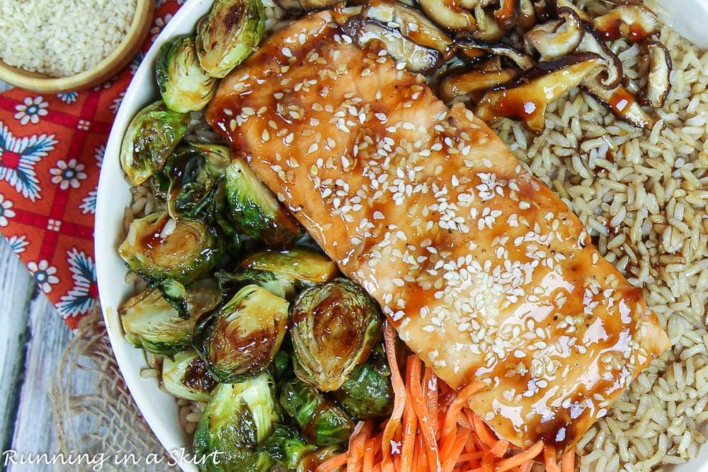 Salmon and Brussels Sprouts with teriyaki sauce.
