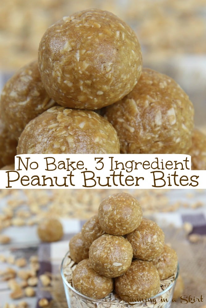 Peanut Butter Oatmeal Balls - only 3 Ingredients! These healthy No BAKE energy bites are easy and filled with oatmeal, peanut butter, and honey. These Peanut Butter BAlls can easily be made vegan or gluten free. You will love these healthy energy bites! Kid and toddler friendly. / Running in a Skirt #peanutbutter #healthy #energybites #energyballs #nobake #glutenfree #vegan via @juliewunder