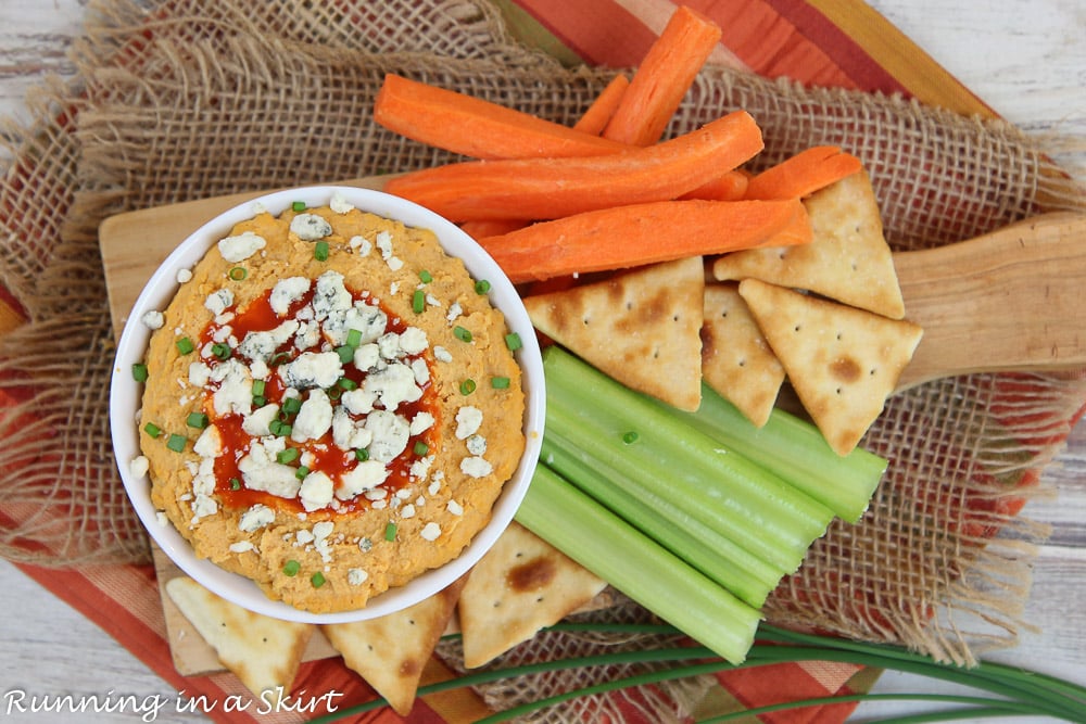 Buffalo Hummus with carrots, celery and crackers.