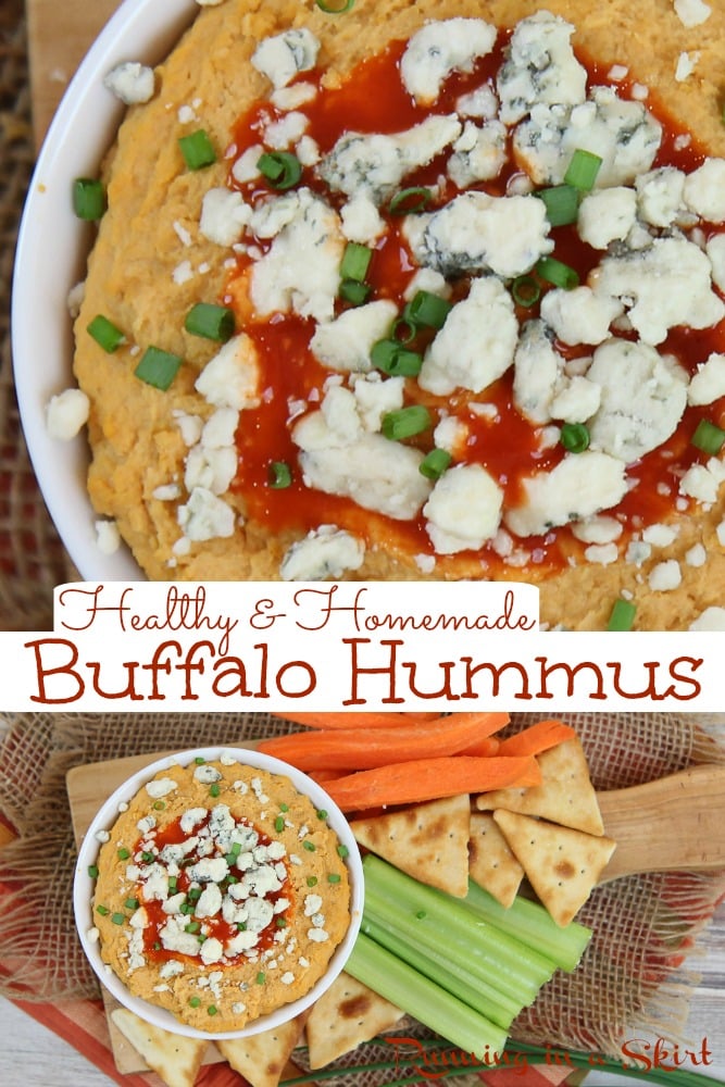 Buffalo Hummus recipe - homemade & healthy! Can be made without tahini and includes notes to make it vegan. This easy spicy dip is creamy and similar to Trader Joes version. Vegetarian, Vegan, Gluten Free/ Running in a Skirt #vegan #vegetarian #recipe #healthy #hummus via @juliewunder