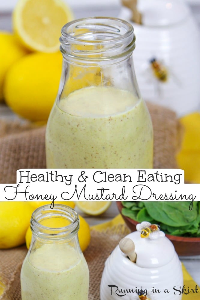 Healthy Honey Mustard Salad Dressing recipe- clean eating and fat free! This homemade creamy dressing is the best healthy salad dressing made with greek yogurt. So easy... made in one bowl in less than 5 minutes. Vegetarian & recipe includes options to make it vegan. / Running in a Skirt #saladdressing #vegetarian #vegan #greekyogurt #healthyliving #honeymustard via @juliewunder