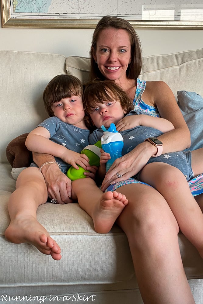 Mom holding twins in Kiawah Island beach rental.