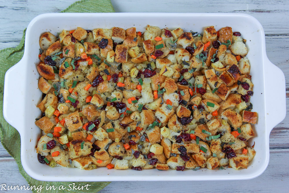 Vegetarian Stuffing recipe overhead in casserole dish.