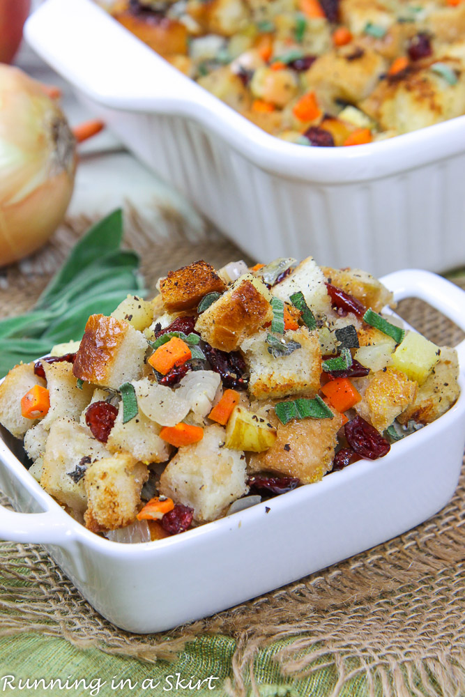 Vegetarian Stuffing recipe in a small baking dish.