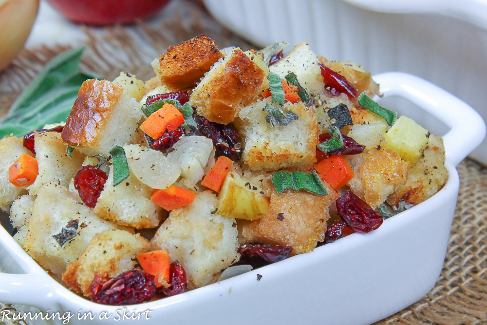 Vegetarian Stuffing recipe close up in dish.