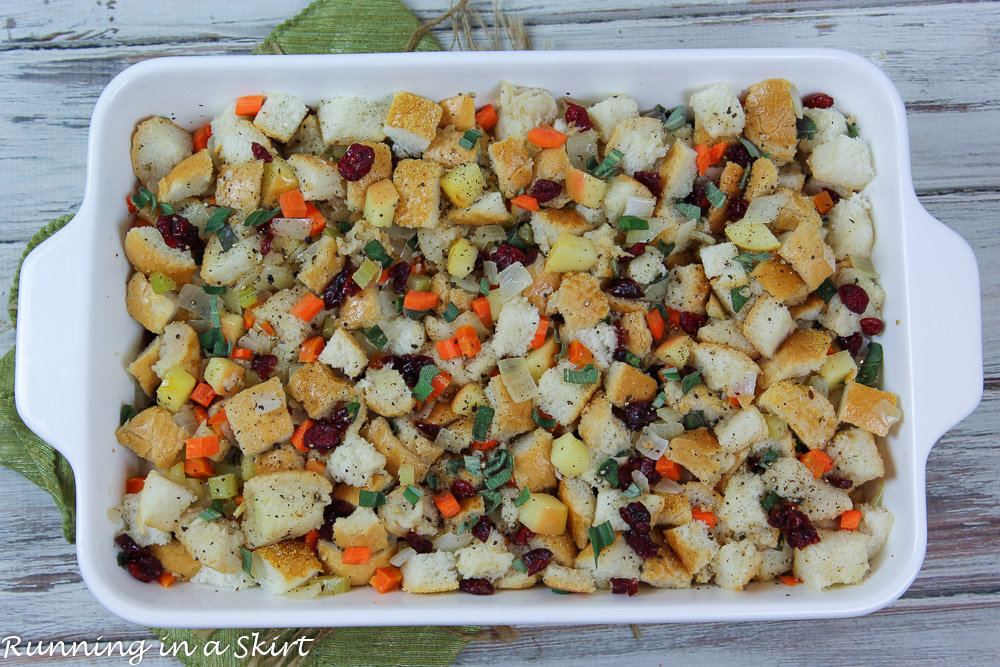 Process photo showing how to prepare the vegetable stuffing for the oven.