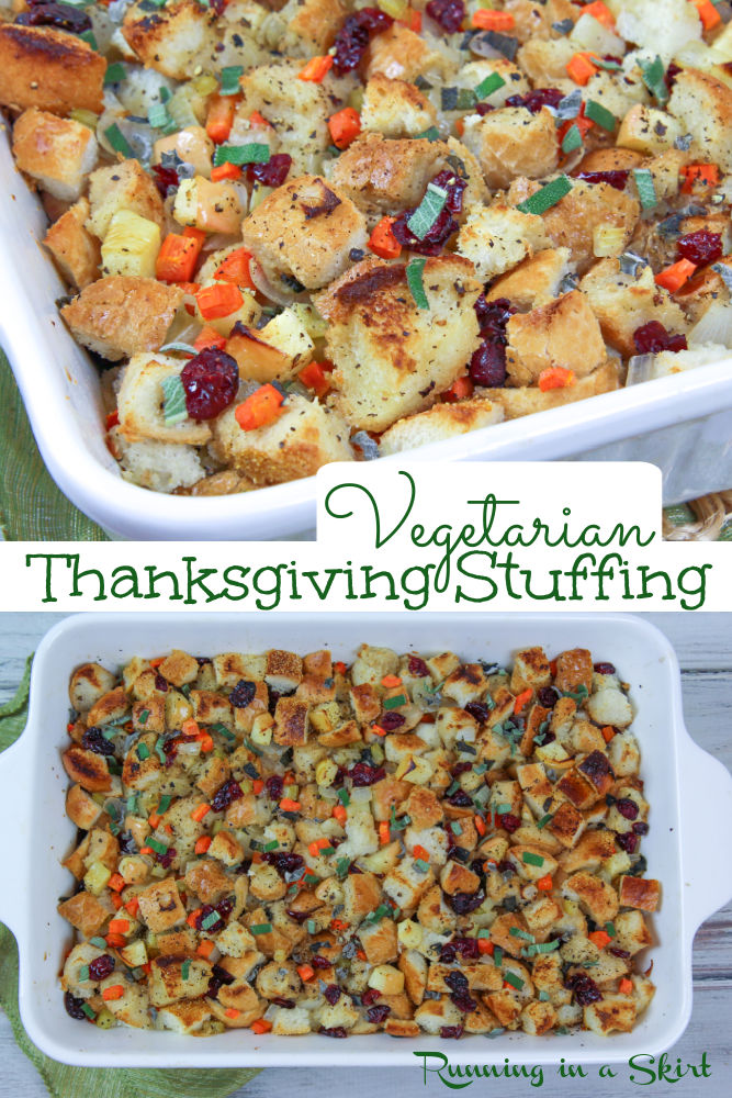 The Best Vegetarian Stuffing recipe for Thanksgiving or Christmas. Homemade Apple & Sage Vegetarian Dressing with bread, onions, carrots, celery, apples, and dried cranberries. An easy meatless holiday recipe that includes an option to make it vegan! This recipe is a tried and true family favorite loved by vegetarians and meat-eaters alike. / Running in a Skirt #thanksgiving #christmas #vegetarianthanksgiving #vegan #healthy via @juliewunder
