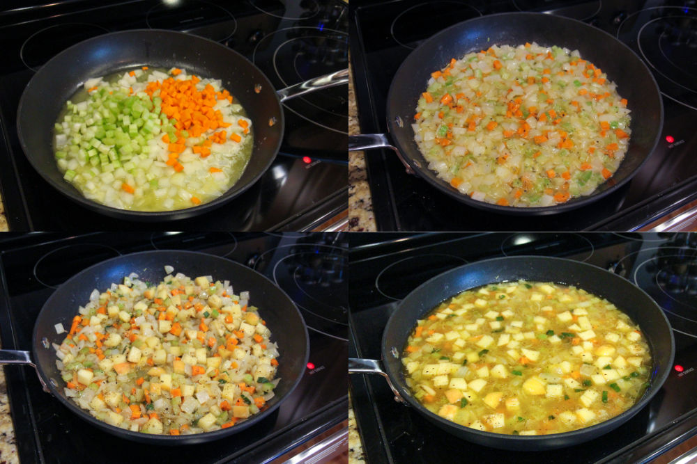 Process photo collage showing how to cook the vegetables on the stove.