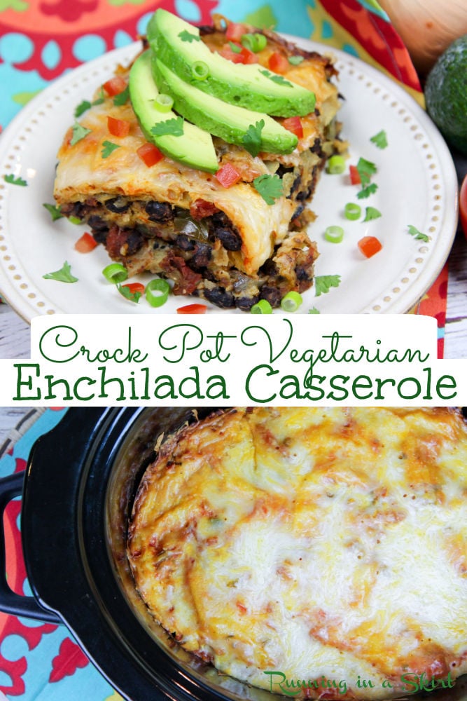 Crock Pot Vegetarian Enchilada Casserole recipe - This healthy and easy vegetarian slow cooker bake is SIMPLE and filled with black beans, veggies, cheese and corn tortillas. Great Mexican flavors for the crockpot! / Running in a Skirt #Mexican #healthy #crockpot #vegetariancrockpot #vegetarianslowcooker #slowcooker #recipe #enchilada via @juliewunder