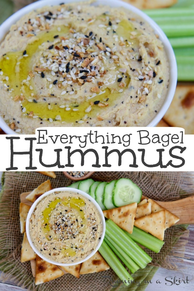 Homemade Everything Bagel Hummus recipe - The best Everything Hummus using Everything But the Bagel Seasoning Mix. An easy, simple ,vegan and HEALTHY hummus with creamy & smooth chickpeas and spices. Low calories and low oil. / Running in a Skirt #hummus #healthyliving #vegan #dairyfree #everythingbagel #traderjoes #everythingbutthebagel via @juliewunder