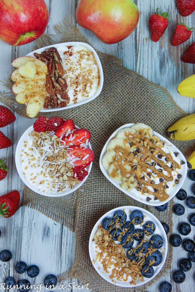 Greek yogurt dessert bowl ideas on a table.