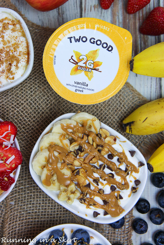 Overhead shot of greek yogurt bowl ideas and greek yogurt.